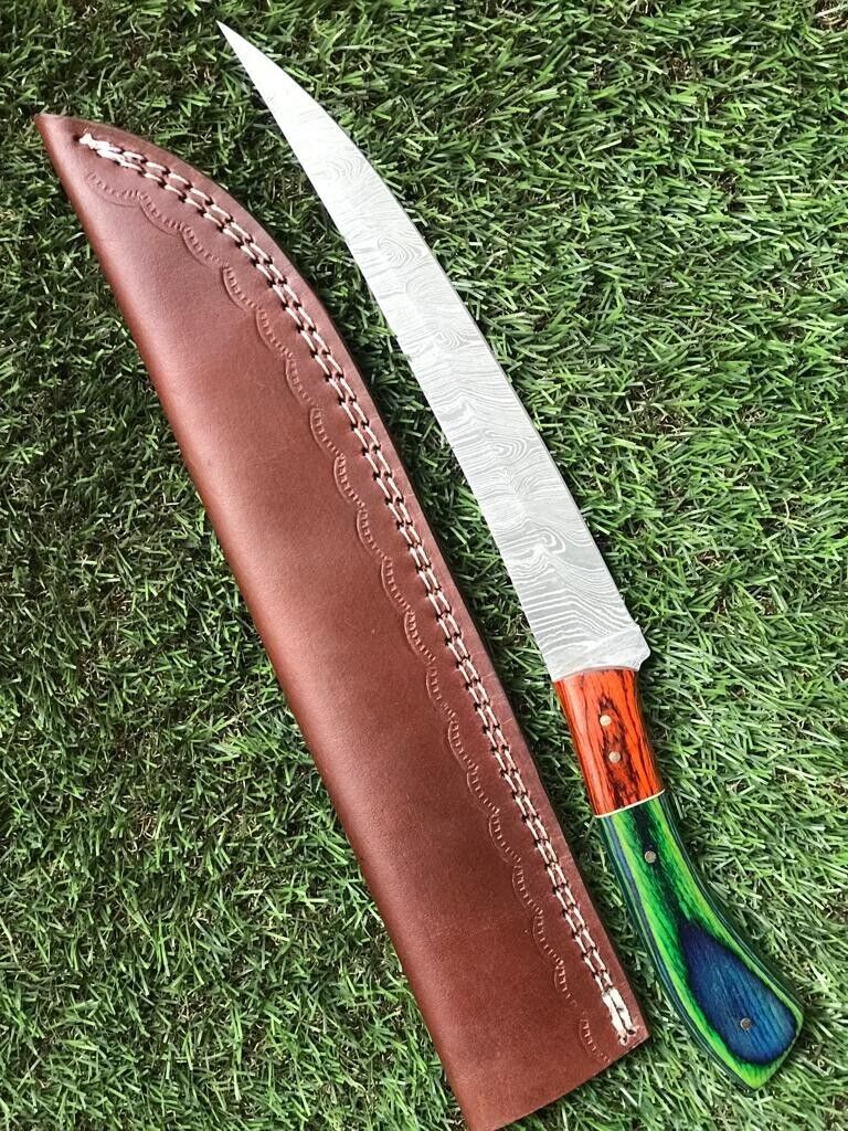 13" Custom Handmade Damascus Steel Fillet, Chef & Hunting Knife with Leather Sheath