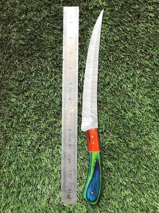 13" Custom Handmade Damascus Steel Fillet, Chef & Hunting Knife with Leather Sheath