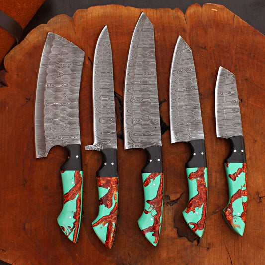 5pcs Custom Handmade Damascus Chef Knife Set – Forged Steel Kitchen Knives with Sheath