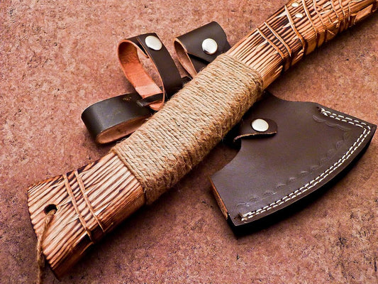 Hand Forged Bearded Viking Axe 20 Inch High Carbon Steel Tomahawk with Natural Wood Handle and Leather Sheath