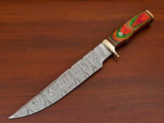 Damascus Pakka Wood Bowie Hunting Knife – Brass Guard, 14" Overall
