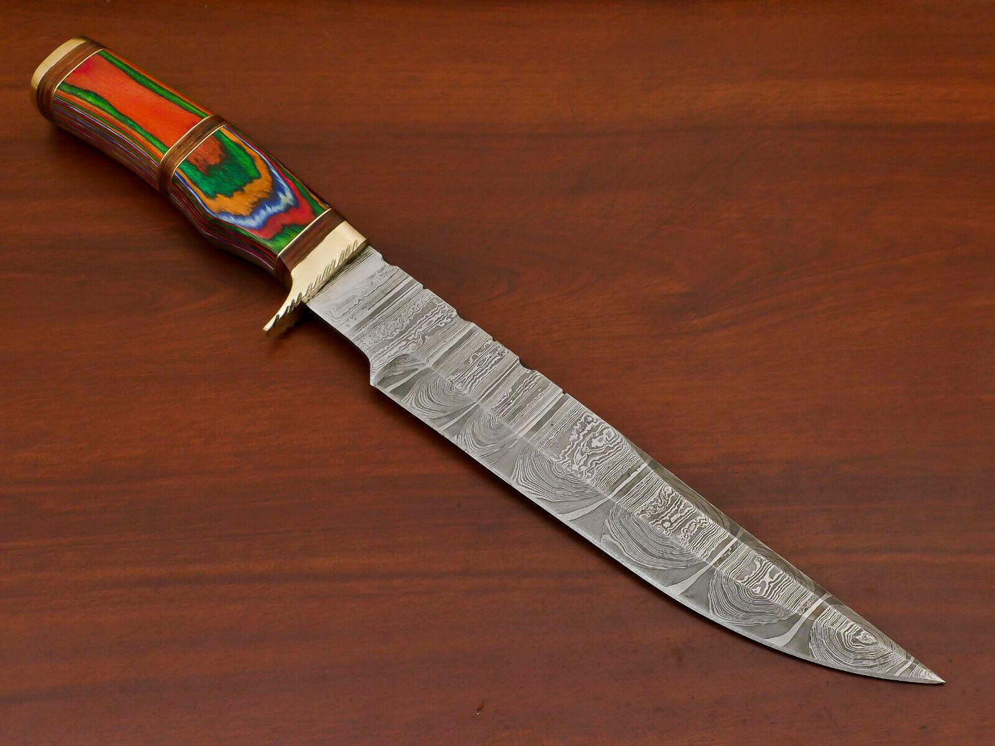 Damascus Pakka Wood Bowie Hunting Knife – Brass Guard, 14" Overall