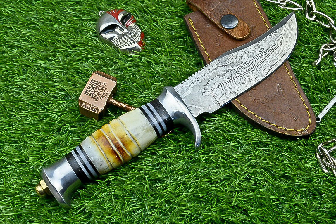 Heritage Forge 10 Inch Damascus Steel Bowie Knife with Bone Handle | Hand Forged Hunting Camping Knife