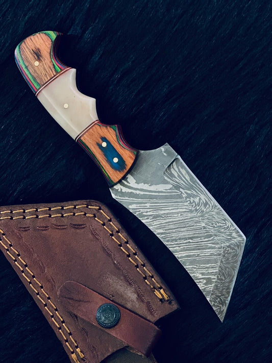 9" Fire Damascus Tanto Knife – Camel Bone & Wood Handle with Brass Spacers