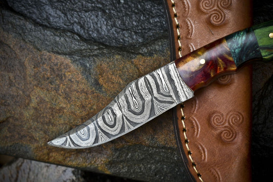 Twist Damascus Skinner Knife with Hardwood Handle and Micarta Bolster – Handmade Gift Knife for Hunting and Outdoors