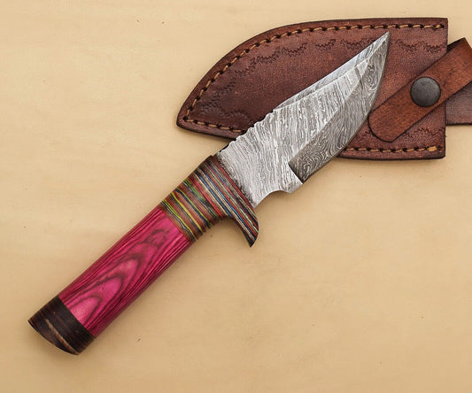 Handmade Damascus Skinner Knife with Pakka Wood Handle – 8 Inch Hunting and Camping Blade with Leather Sheath