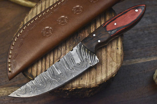 Custom Twist Damascus Skinner Knife with Hard Wood Handle and Wooden Bolster