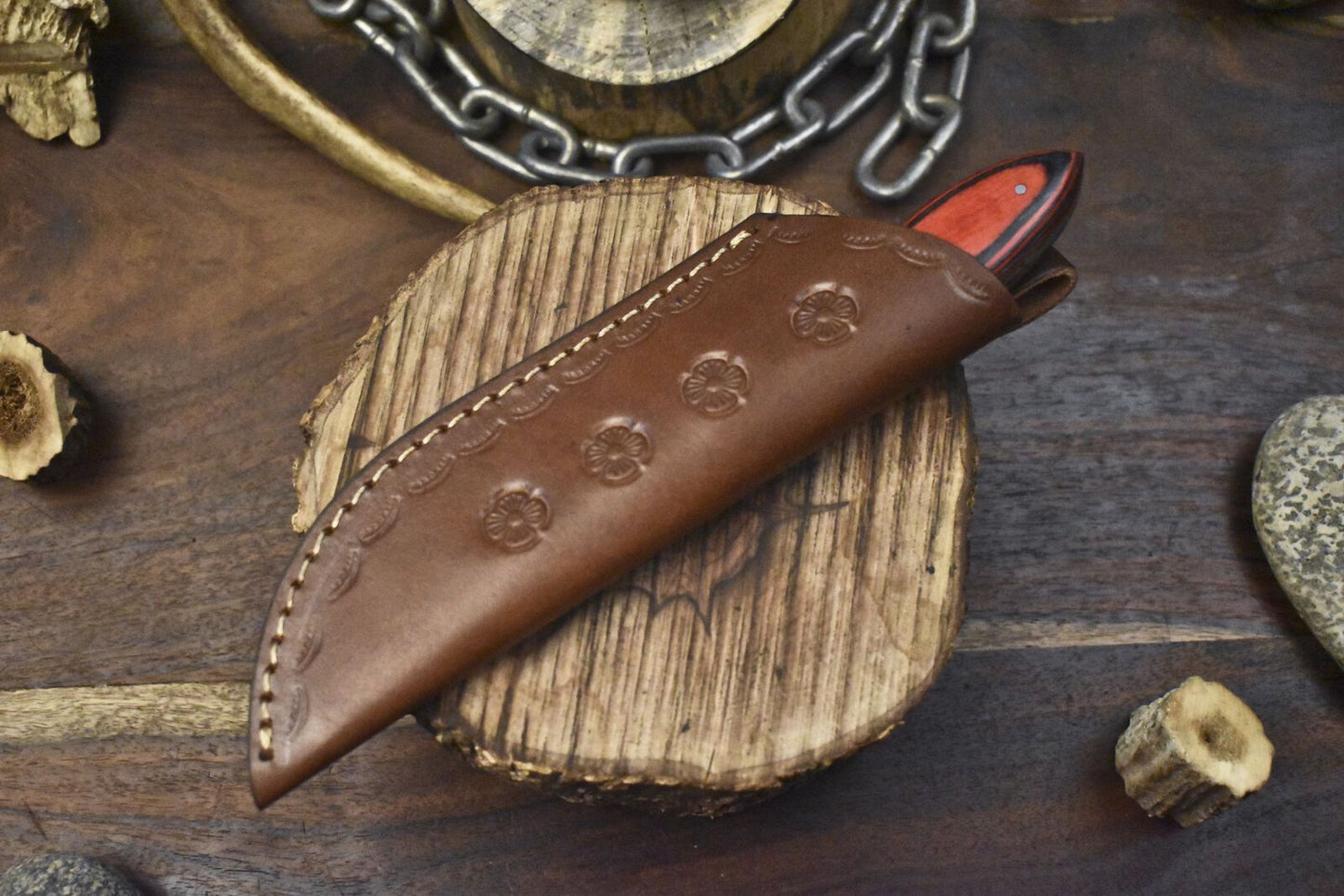 Custom Twist Damascus Skinner Knife with Hard Wood Handle and Wooden Bolster