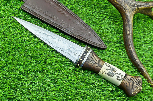 12 Inch Handmade Damascus Dagger Knife with Camel Bone and Wood Handle