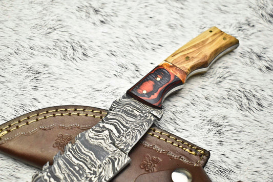 10.0" Handmade Damascus Tracker Knife | Olive Wood Handle & Leather Sheath