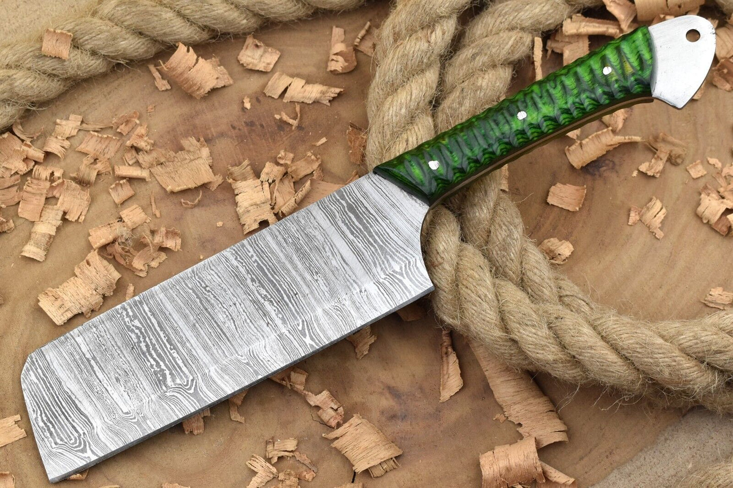 Custom Handmade Damascus Steel Chef Knife – Green Cleaver with Sturl Open Tang Handle