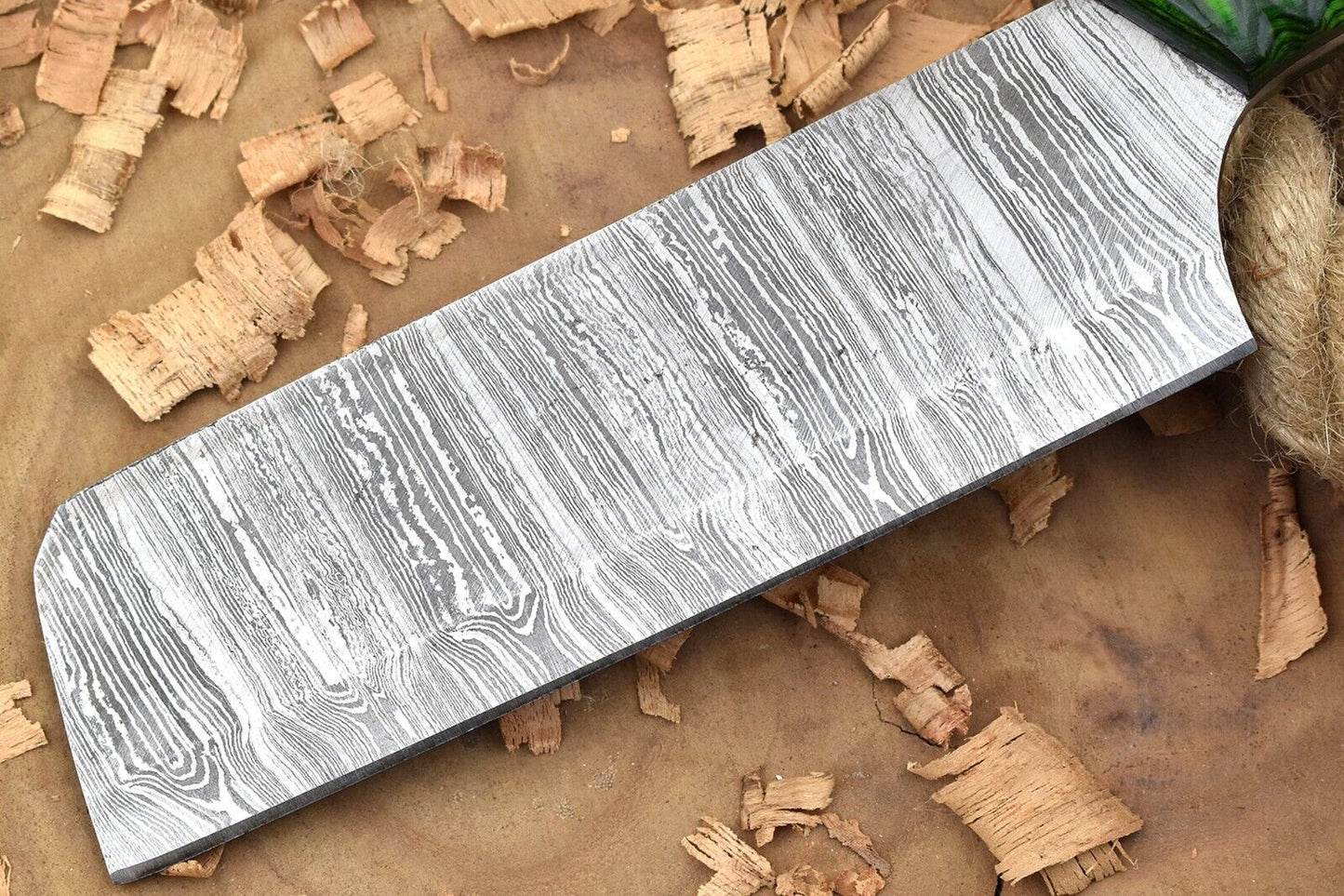 Custom Handmade Damascus Steel Chef Knife – Green Cleaver with Sturl Open Tang Handle