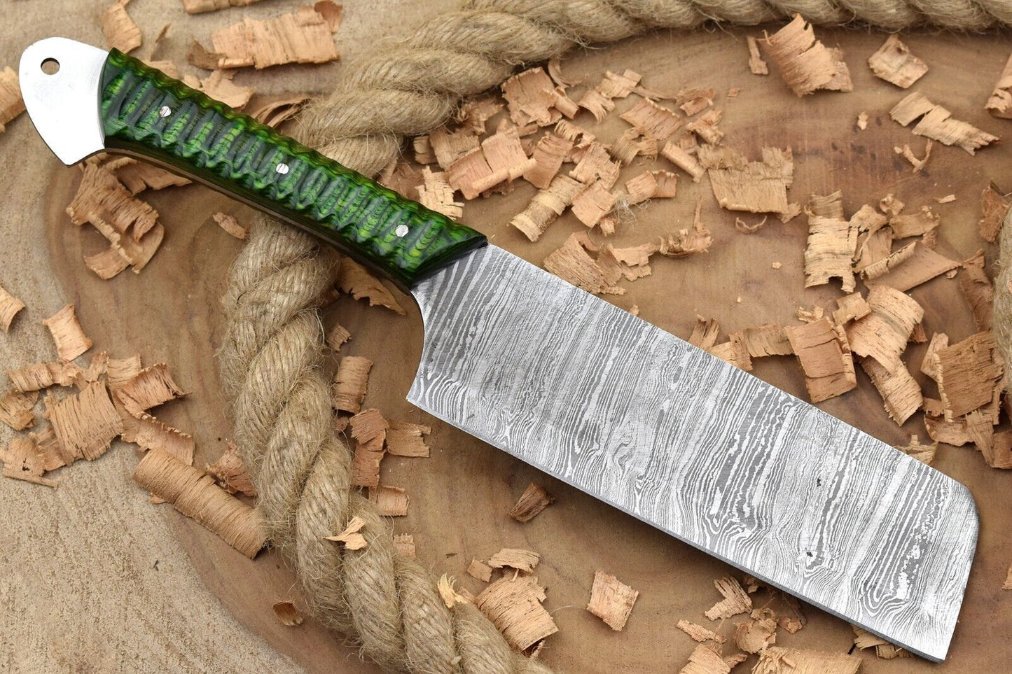 Custom Handmade Damascus Steel Chef Knife – Green Cleaver with Sturl Open Tang Handle