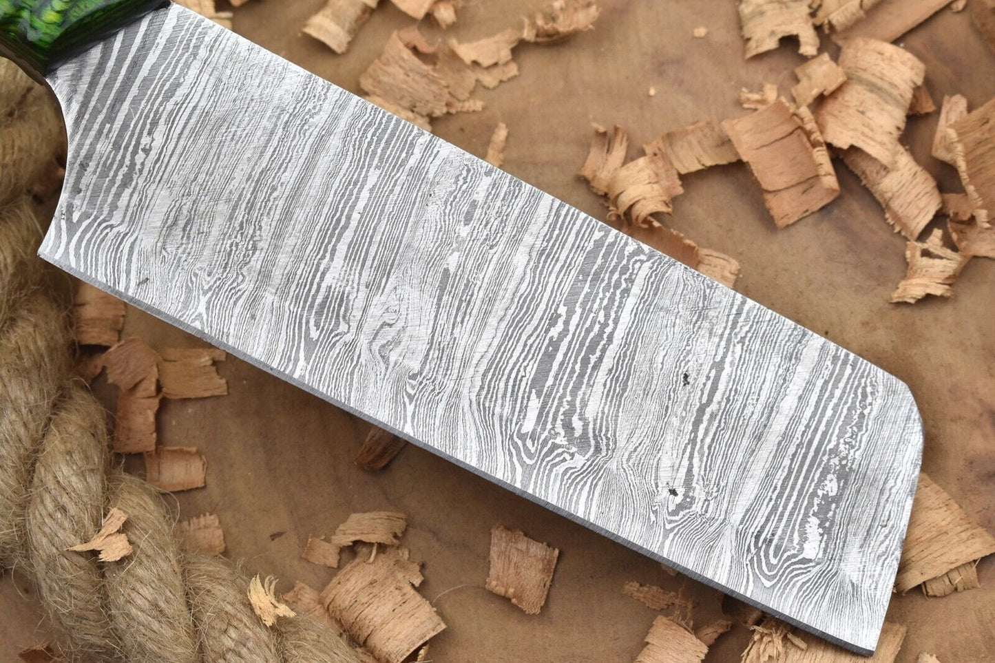 Custom Handmade Damascus Steel Chef Knife – Green Cleaver with Sturl Open Tang Handle