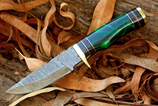 8" Handmade Damascus Steel Skinner Knife | Resin Handle with Brass Guard