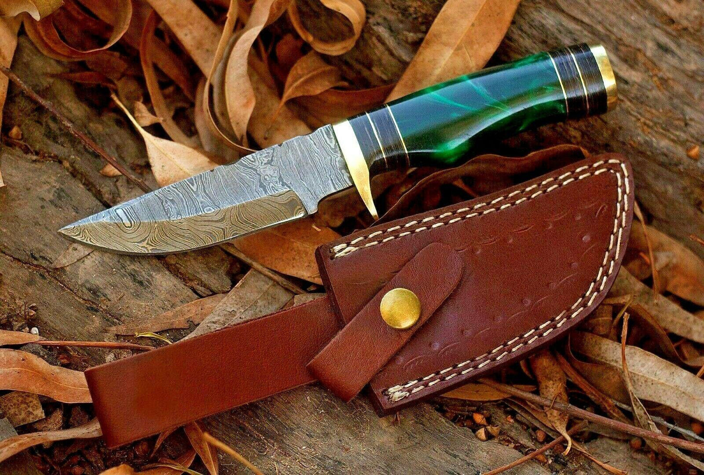 8" Damascus Steel Bowie Knife – Resin Handle with Brass Guard & Leather Sheath