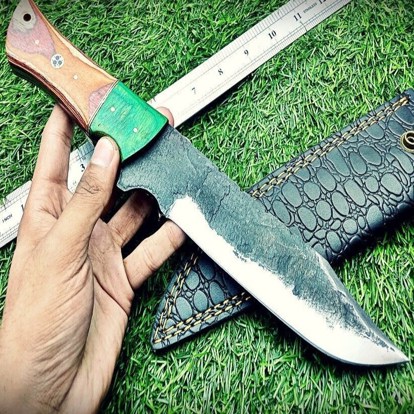 12" Damascus Bowie Knife | Hand-Forged Carbon Steel