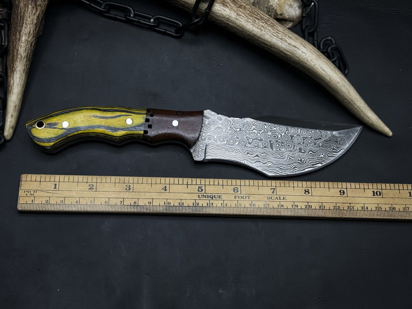 Handmade Damascus Steel Hunting Tracker Knife – EDC with Bone Handle and Cow Leather Cover