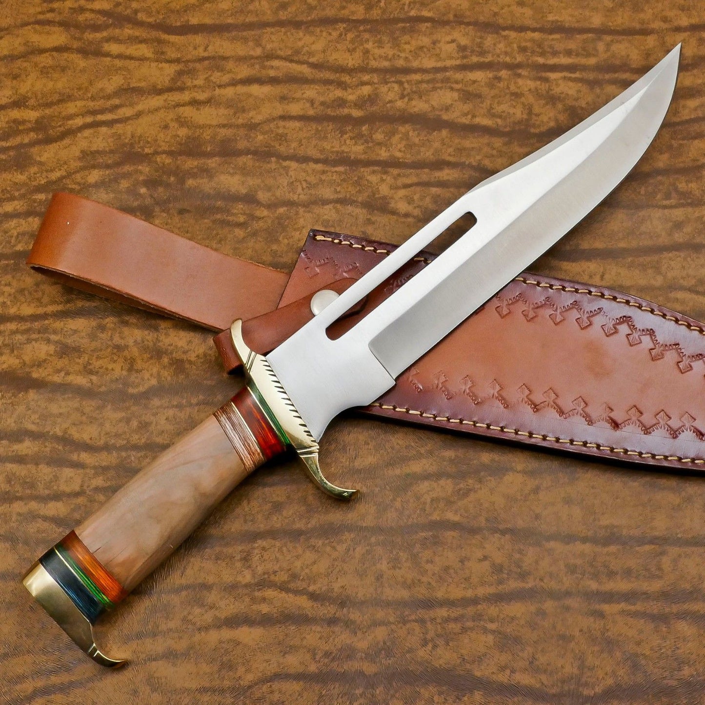 Handmade 12-Inch D2 Steel Clip Point Bowie Hunting Knife with Olive Wood Handle & Sheath