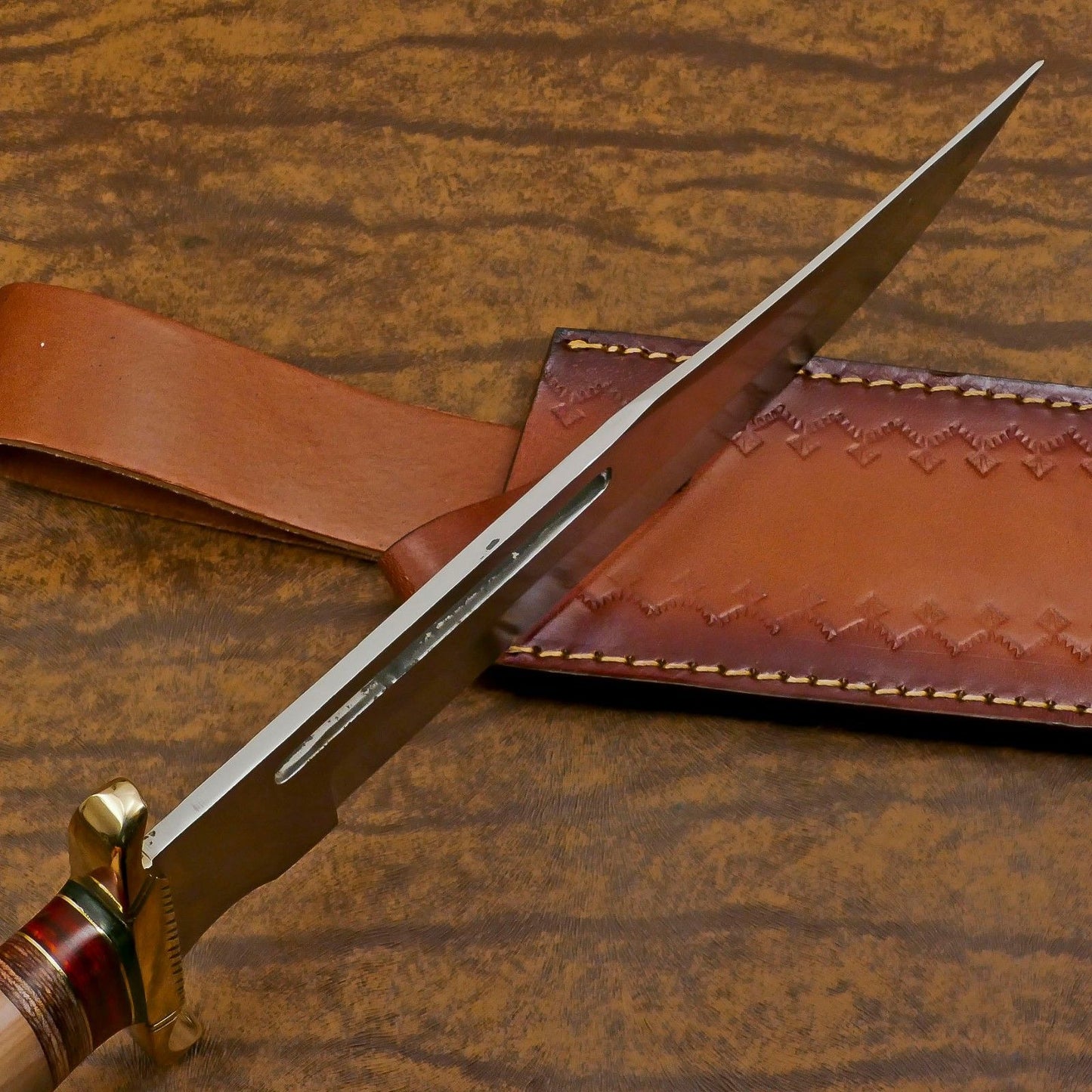 Handmade 12-Inch D2 Steel Clip Point Bowie Hunting Knife with Olive Wood Handle & Sheath