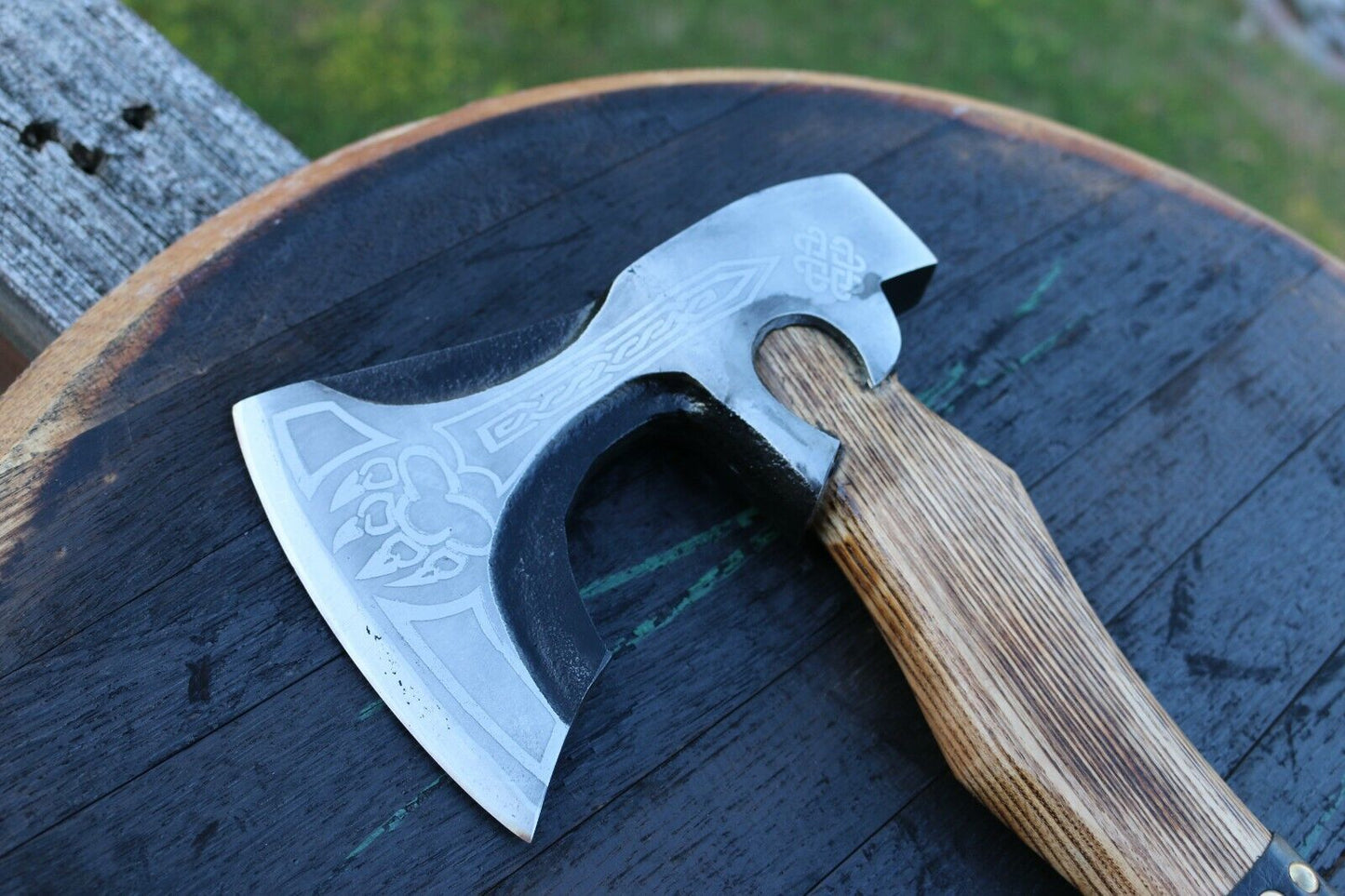 Hand Forged 1095 Carbon Steel Viking Tomahawk 18 Inch Hatchet with Ash Wood and Leather Wrapped Handle