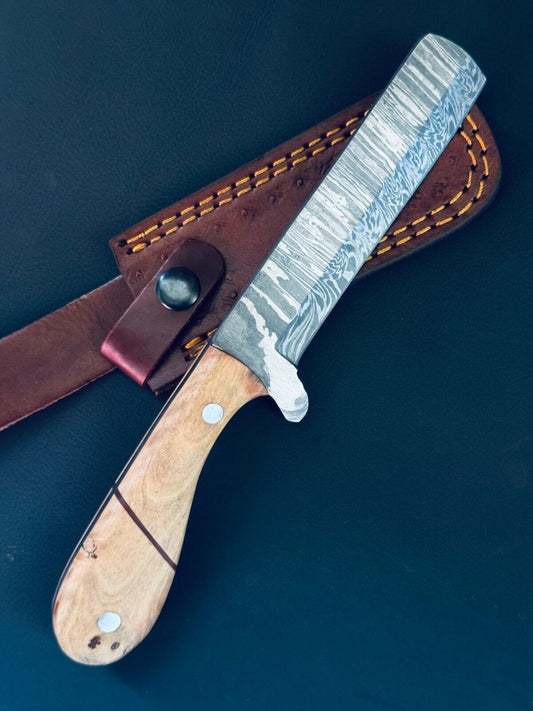 Best Cowboy Damascus Steel Bull Cutter Knife Custom Bull Cutter Knife With Wood Handle