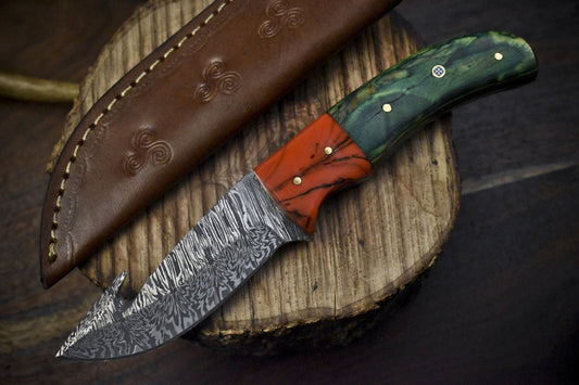 Hand Crafted 8 Inch Damascus Skinner Knife with Gut Hook and Twist Pattern Blade – Hard Wood Handle Hunter Knife