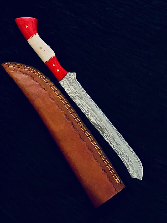 13" Handmade Twist Damascus Steel Brisket Fillet Bowie Knife – Camel Bone & Wood Handle