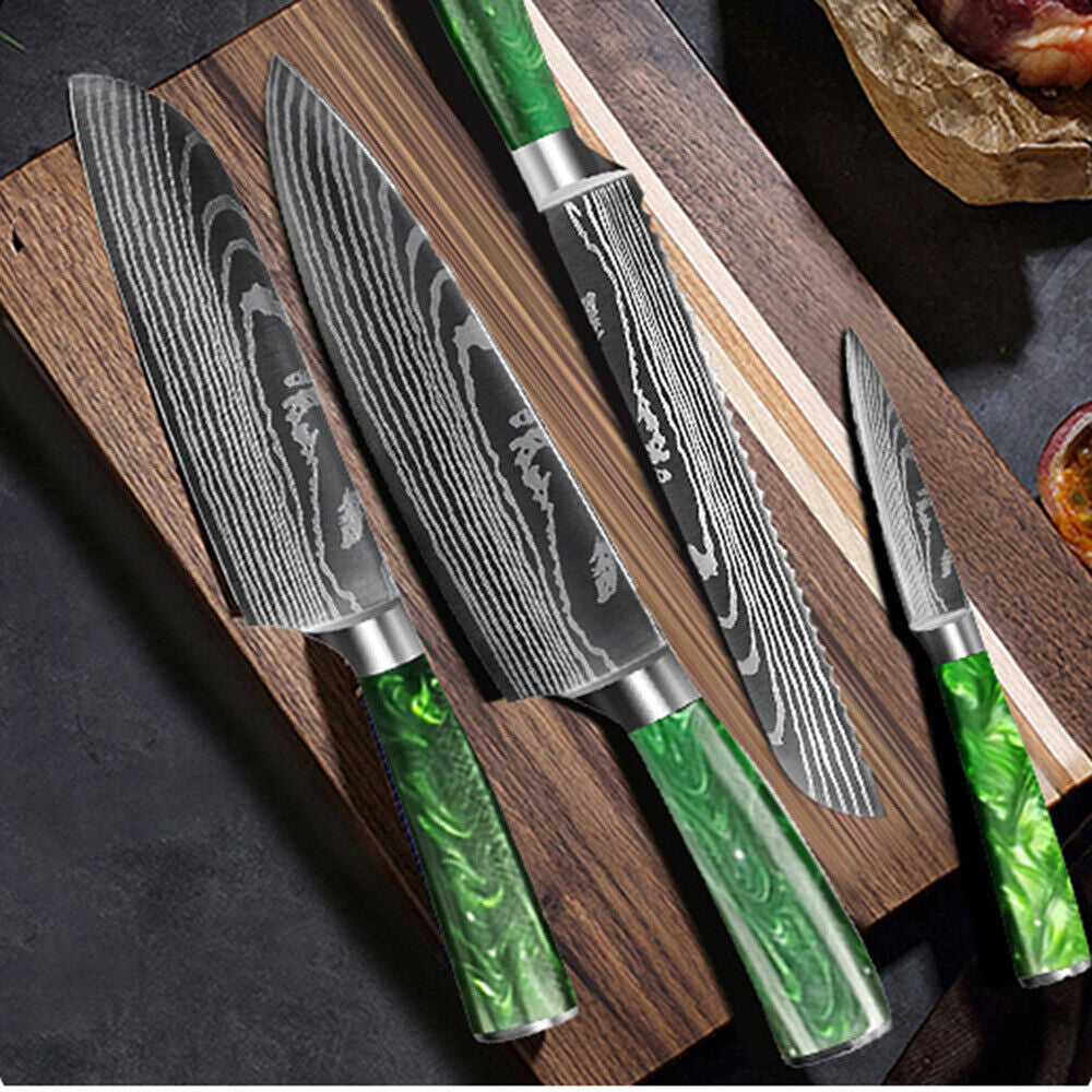 Green 10pcs Japanese Kitchen Damascus Pattern Chef Knife Set – High Carbon Stainless Steel with Color Wood Handles