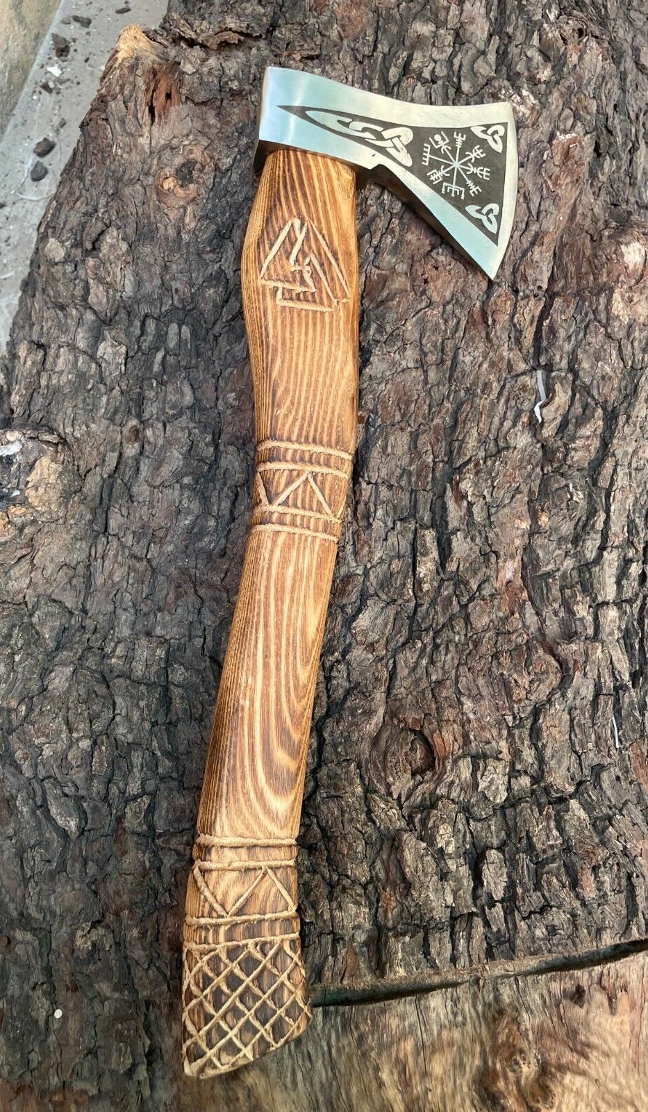 Custom Forged Viking Hatchet 22 Inch Carbon Steel Camping Axe with Wooden Handle and Leather Sheath