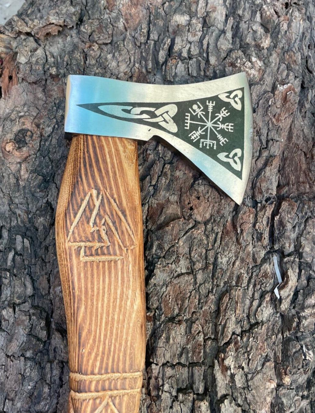 Custom Forged Viking Hatchet 22 Inch Carbon Steel Camping Axe with Wooden Handle and Leather Sheath