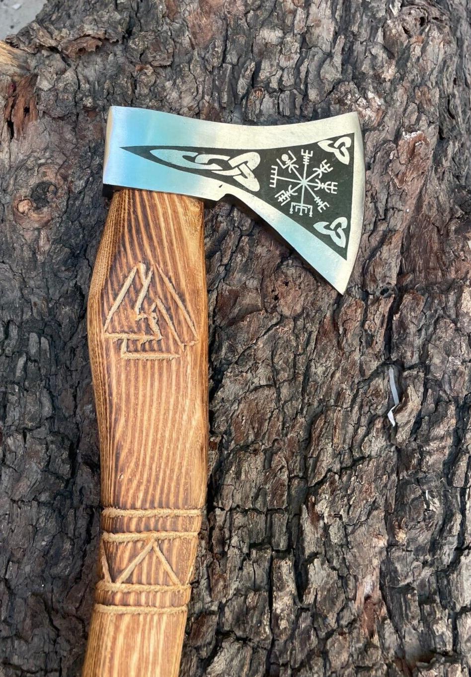 Custom Forged Viking Hatchet 22 Inch Carbon Steel Camping Axe with Wooden Handle and Leather Sheath