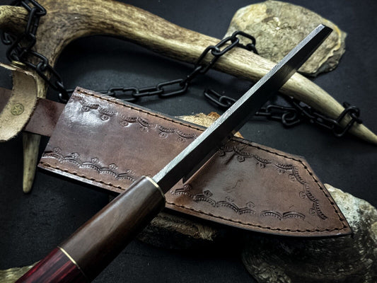 Handmade Damascus Steel Chef Knife, Full Tang Wood Handle, Leather Sheath