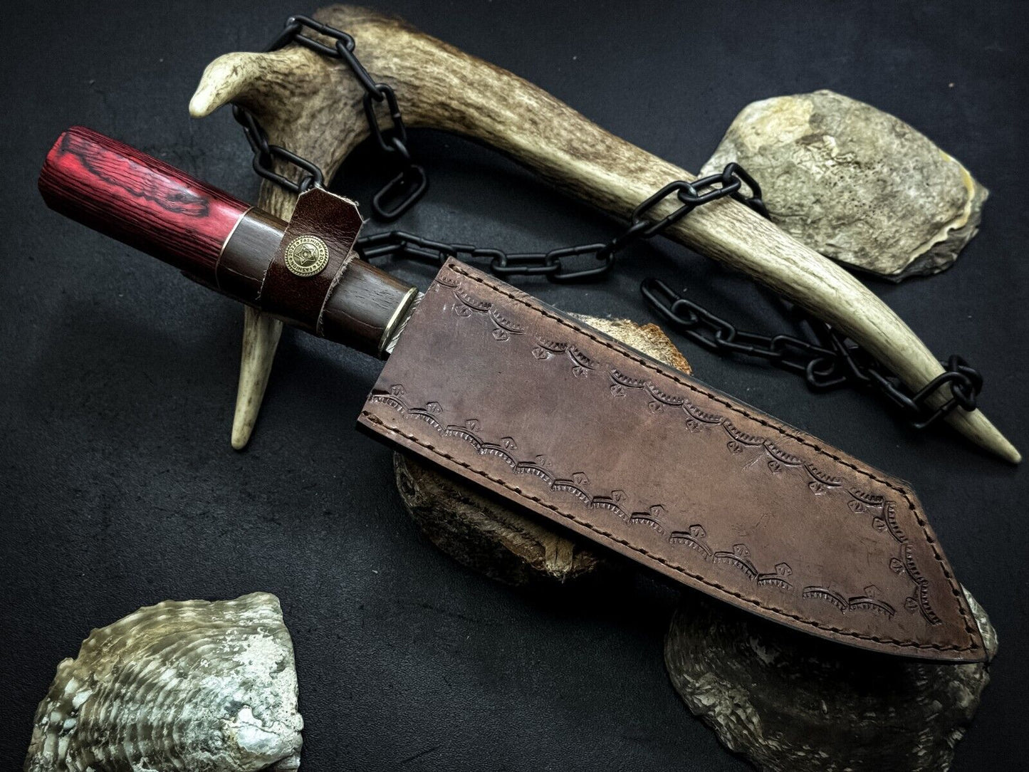 Handmade Damascus Steel Chef Knife, Full Tang Wood Handle, Leather Sheath