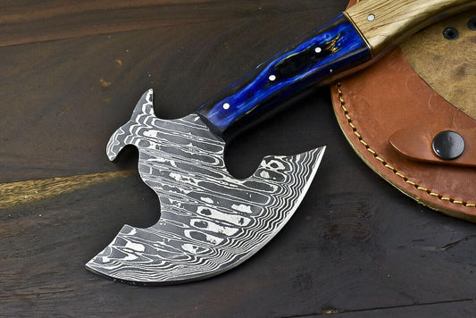 Handmade Forged Damascus Custom Hunting Olive Wood Clever Chopper Axe Knife – 12 Inch