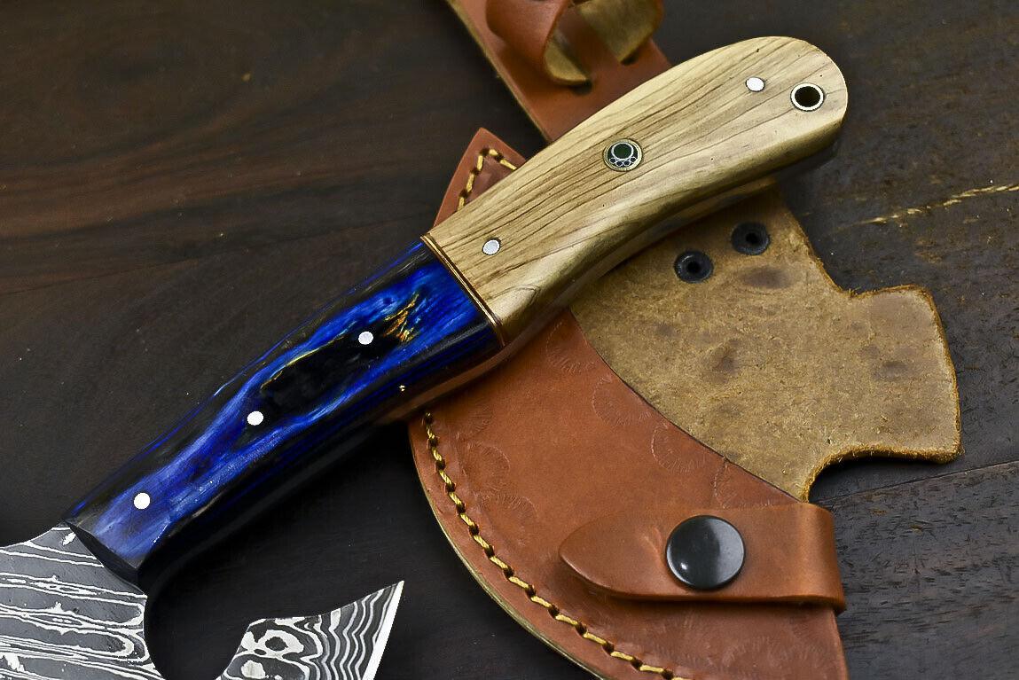 Handmade Forged Damascus Custom Hunting Olive Wood Clever Chopper Axe Knife – 12 Inch