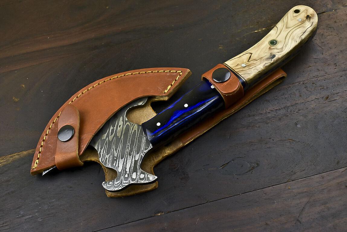 Handmade Forged Damascus Custom Hunting Olive Wood Clever Chopper Axe Knife – 12 Inch