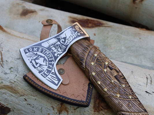 Handmade 21 Inch Viking Tomahawk Axe with Engraved Ash Wood Handle and Leather Sheath