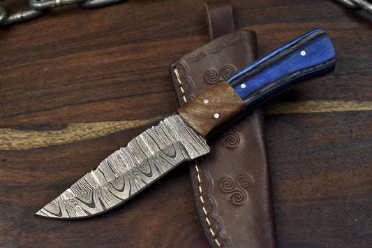 8.0" Twist Damascus Skinner Knife Hardwood Handle Wooden Bolster with Sheath