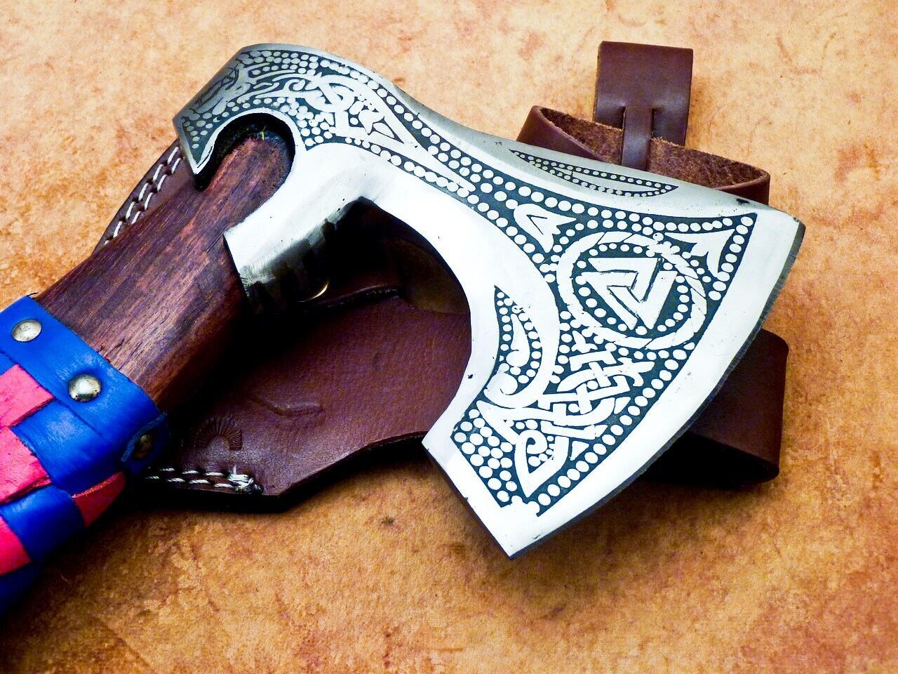 Custom Hand Forged Carbon Steel Viking Bearded Camping Hatchet Tomahawk Axe with Natural Wood Handle and Leather Sheath