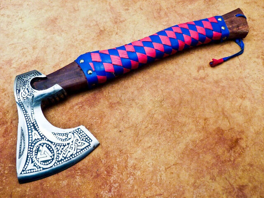 Custom Hand Forged Carbon Steel Viking Bearded Camping Hatchet Tomahawk Axe with Natural Wood Handle and Leather Sheath