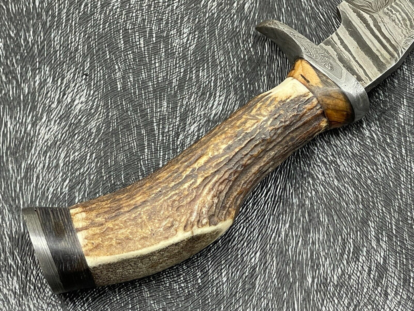 Heritage Forge 8 Inch Damascus Steel Hunting Bowie Knife with Stag Horn and Hardwood Handle