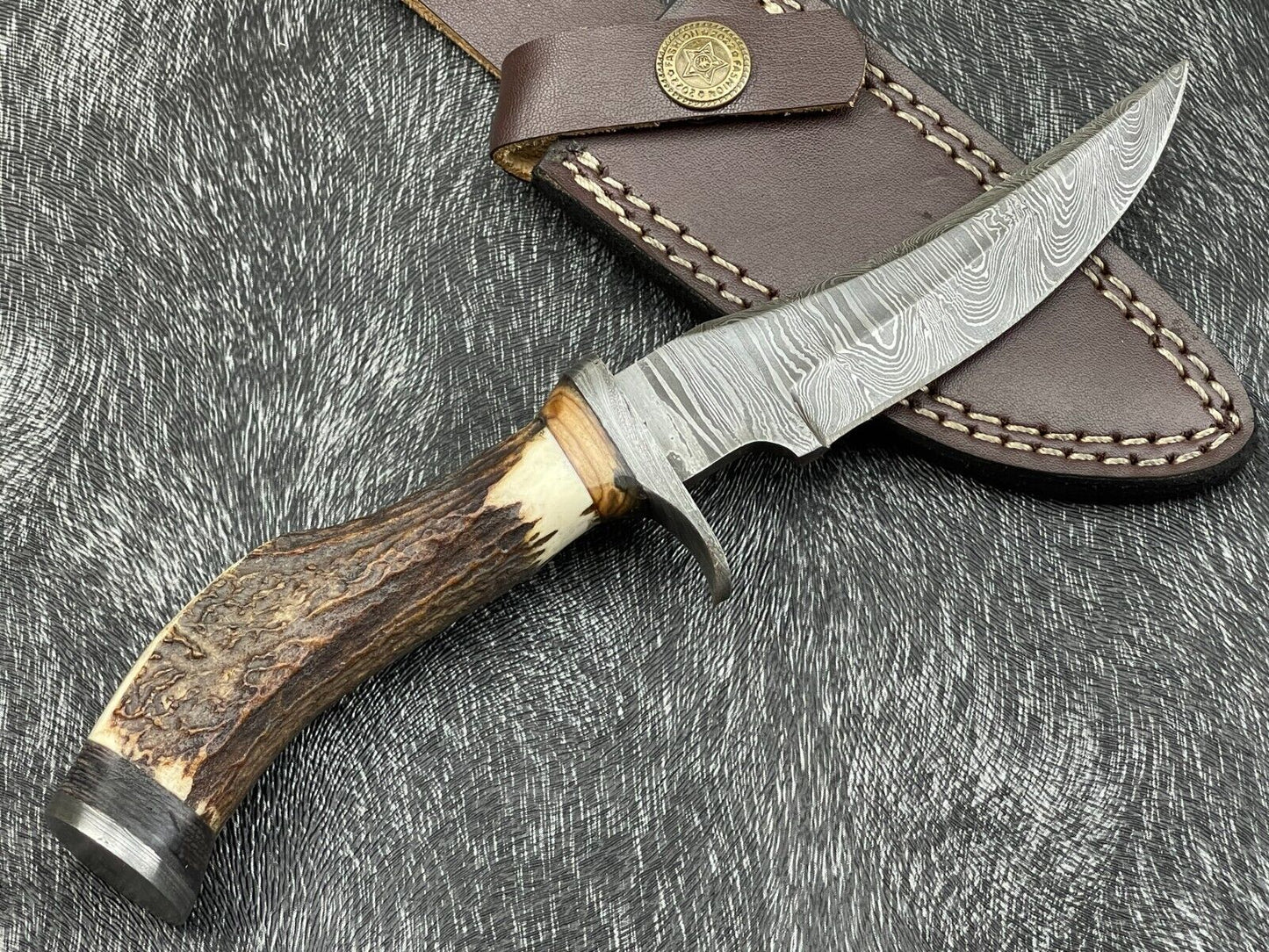 Heritage Forge 8 Inch Damascus Steel Hunting Bowie Knife with Stag Horn and Hardwood Handle