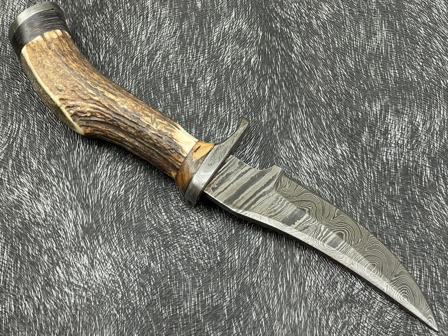 Heritage Forge 8 Inch Damascus Steel Hunting Bowie Knife with Stag Horn and Hardwood Handle
