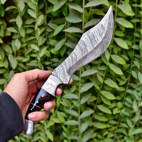 Handmade Damascus Military Hunting Tracker Knife – 12" Full Tang Camping & Survival EDC with Bull Horn Handle & Leather Sheath