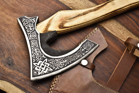 Handmade High Carbon Steel Vikings Hatchet – Etched Blade with Leather Sheath