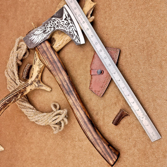 Custom Hand-Forged Carbon Steel Viking VALHALLA Axe – 18-Inch Tomahawk Throwing Axe with Leather Sheath
