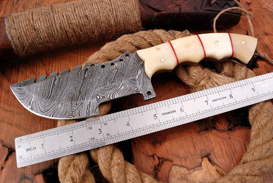 10" Handmade Damascus Steel Tracker Knife – Survival Hunting Fixed Blade Bushcraft EDC with Leather Sheath