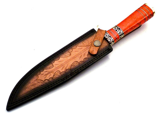 13" Damascus Steel Bowie Knife – Red Jasper Stone & Brass Handle with Leather Sheath