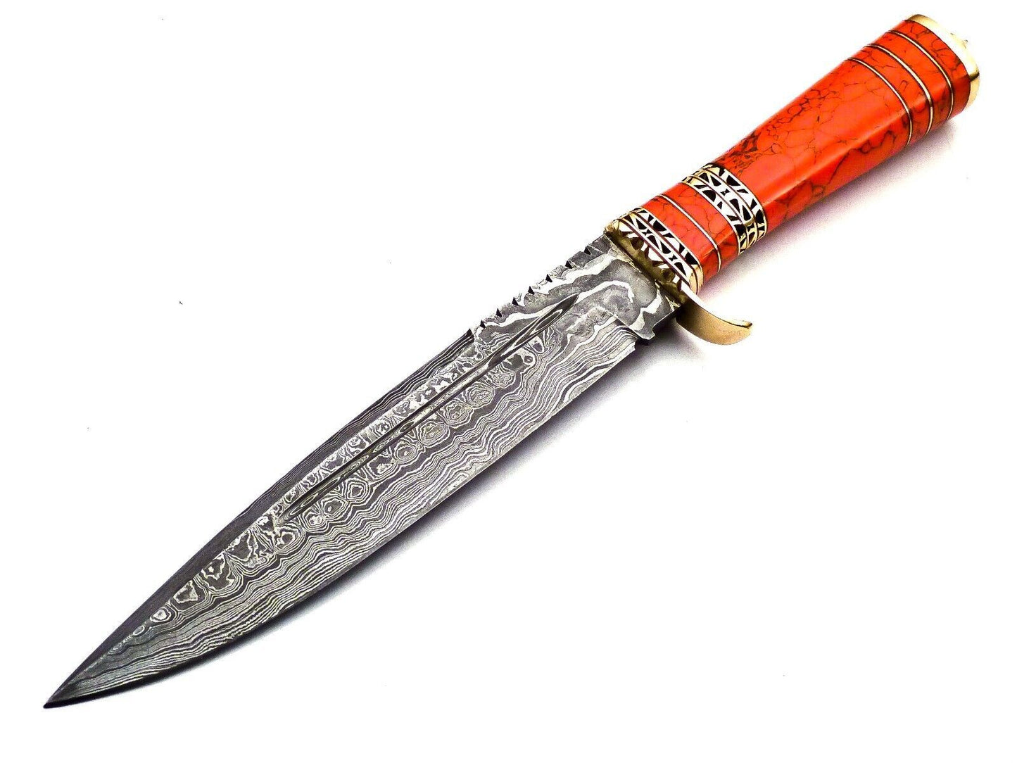 13" Damascus Steel Bowie Knife – Red Jasper Stone & Brass Handle with Leather Sheath
